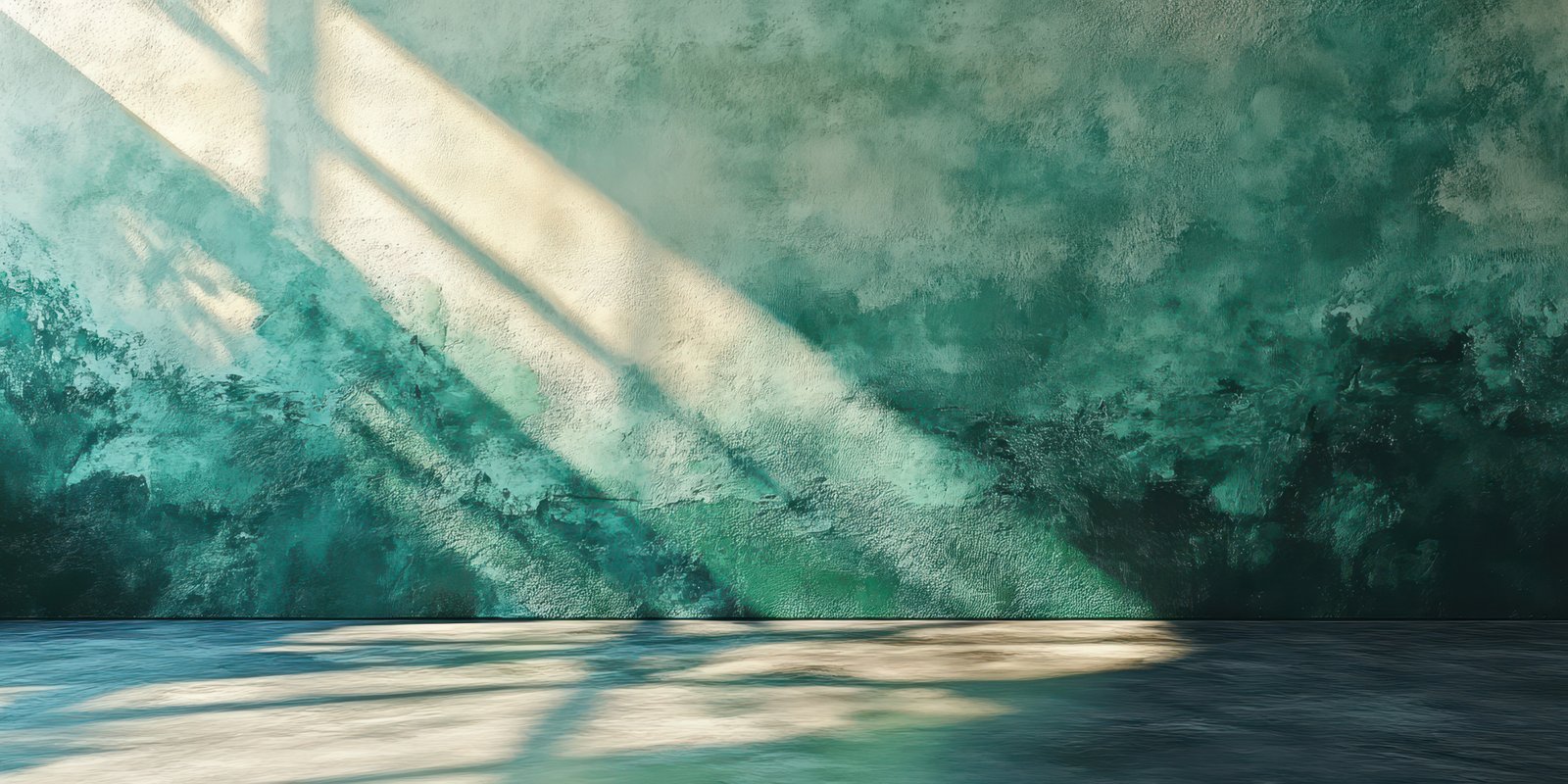 Modern interior with textured green wall and dramatic sunlight casting shadows on the floor in an artistic setting